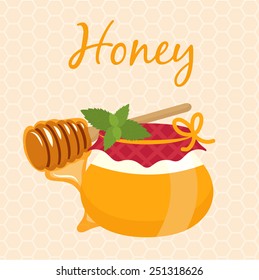 Illustration of honey pot and honey dipper. Vector