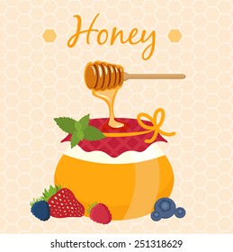Illustration of honey pot and honey dipper. Vector