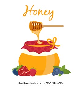 Illustration of honey pot and honey dipper. Vector