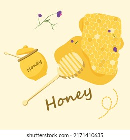 Illustration of honey set. Honeycomb with honeycomb and spoon. Purple flowers and a jar of honey. Set of illustrations for package design, recipe or magazine.