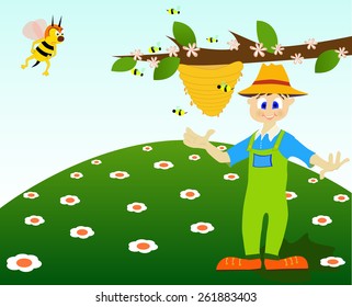 Illustration of a honey thief and an angry bee.
