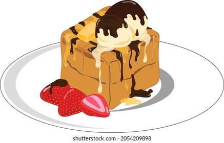 illustration of honey toast with ice cream and strawberry dip chocolate and melt butter