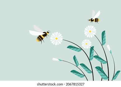 Illustration of honeybees flying around flowers