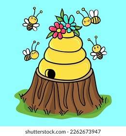 Illustration of a honeycomb with bees, celebrating the arrival of spring, vector illustration