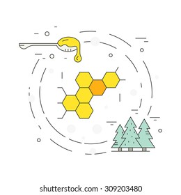 Illustration of a honeycomb, honey on the spoon and forest - natural product concept isolated on white background.