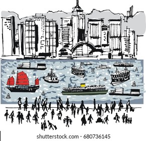 Illustration of Hong Kong skyline, with ferries, boats on harbor and people on wharf. Pen and ink style rendition of skyscrapers, a red junk, and pedestrians. 