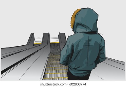 Illustration of hooded figure using subway escalator