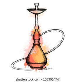 Illustration of hookah with hatching and warm orange and yellow watercolor splashes. Vector engraving element for menu, cards and your design.