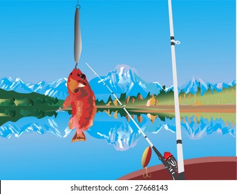 ilustración con peces enganchados y paisaje montañoso