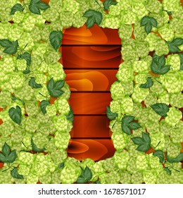 Illustration of hop cones in shape of beer glass and wooden background
