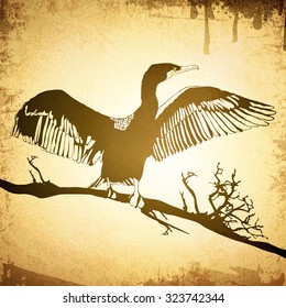 Illustration of Hop off Cormorant Over Grunge Vintage Background