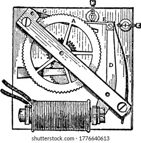 An illustration of Hope Jone's dial-driving device, with its parts, labelled, vintage line drawing or engraving illustration.