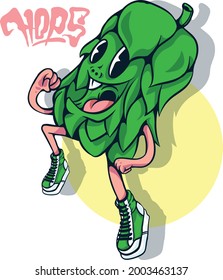 ilustración del baile del personaje del hops para el icono de la mascota y etiqueta de la cerveza del paquete