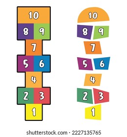 Illustration avec un jeu de scotch. Dessiné en craie colorée. Illustration vectorielle à plat isolée sur fond blanc. Jeu d'enfants coloré avec des nombres