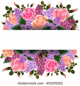 Illustration of horizontal banner with roses and lilac flowers isolated
