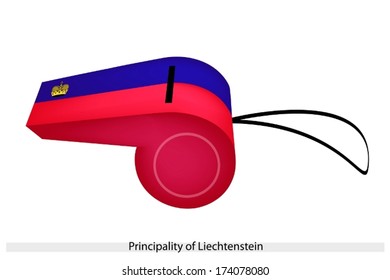 An Illustration of Horizontal Bicolour of Blue and Red with A Gold Crown of The Principality of Liechtenstein Flag on A Whistle, The Sport Concept and Political Symbol. 