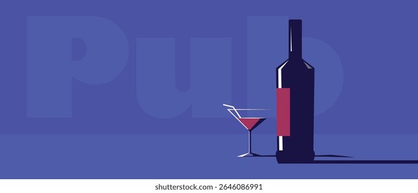 Ilustração formato horizontal, garrafa de estilo plano de vinho, vidro. Cartaz para um bar, menu de bebidas alcoólicas, panfleto para uma festa de bebida. Design de cozinha, loja de vinhos, estilo minimalista, sombras contrastantes