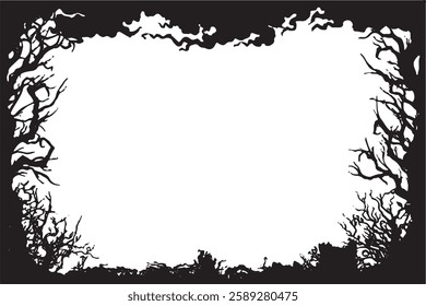 Illustration horizontal frame with trees, shrubs, snags
