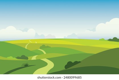 Illustration horizontal natural landscape of fields