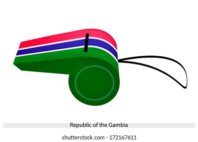 An Illustration of A Horizontal Tricolor of Red, Blue and White-Edged Green of The Gambia Flag on A Whistle, The Sport Concept and Political Symbol. 