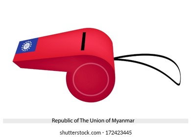 An Illustration of Horizontal Yellow, Green and Red Bands Charged with A Five-Pointed White Star of The Republic of The Union of Myanmar Flag on A Whistle. 