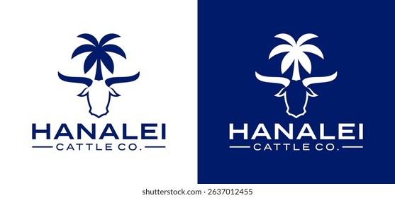 Illustration of the horn cattle head design located in Hawaii with a palm tree atmosphere. Vector logo of a palm tree with horn cattle.