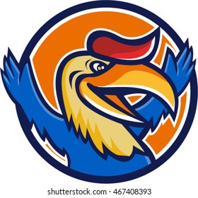 Illustration of a hornbill or bucerotidae, a bird with a  a long, down-curved bill looking to the side with open arms set inside circle on isolated background done in cartoon style. 