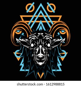 
illustration of a horned animal with a sacred geometry background and