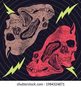 Illustration of a horned skull head blending with an animal skull head for posters, t-shirt designs, and stickers