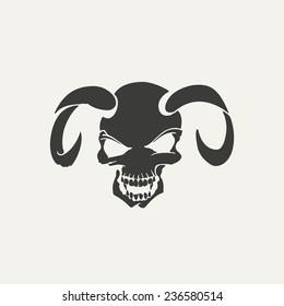 illustration of horns with human skull. Black and white style