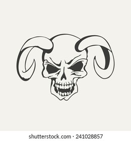 illustration of horns with human skull. Black and white style