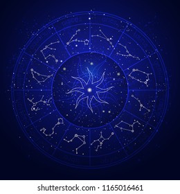 Illustration with Horoscope circle and Zodiac constellation on the starry night sky background. Vector illustrations in blue color.