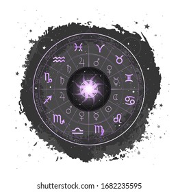 Illustration with Horoscope circle, Zodiac signs and pictograms astrology planets on a grunge background with Sun. Vector. Image in purple and black color.