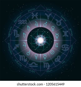 Illustration with Horoscope circle, Zodiac symbols and pictograms astrology planets on the starry night sky background with geometry pattern. Pink and turquoise elements. Vector. 