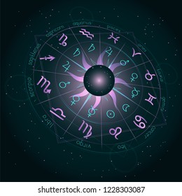 Illustration with Horoscope circle, Zodiac symbols and pictograms astrology planets on the starry night sky background with geometry pattern. Image in perspective. Pink and turquoise elements. Vector.