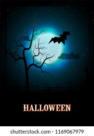 Illustration of horrible graveyard on Halloween night. The white moon is a backdrop with bat trees, old crosses. Used for poster flyers.