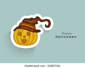 Illustration of a horrible pumpkin wearing witch hat with stylish Halloween text.