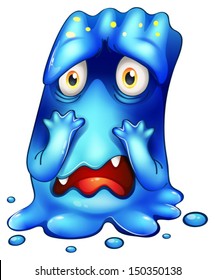 Illustration of a horrified blue monster on a white background