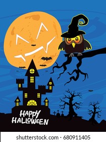 Illustration of horror halloween night with twilight sky full moon owl 