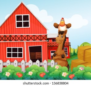 Illustration of a horse and a chicken inside the fence