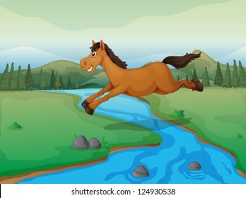 Illustration of a horse crossing the river and a mountain view
