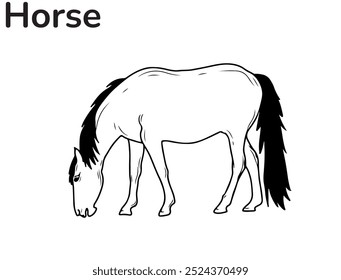 An illustration of a horse drawn in a black-and-white style, featuring bold lines and minimalist details. The horse is depicted in an elegant pose, with its head raised and mane flowing in the wind. S