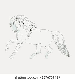 Illustration of a horse with flowing mane and tail. The horse is in motion, showcasing its graceful movement. The horse's mane and tail are prominently featured. Vintage illustration isolated, vector.