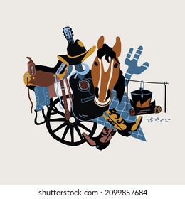 ilustración con equipos de caballo, guitarra y vaquero, diseño vectorial para papel, tela y otras superficies