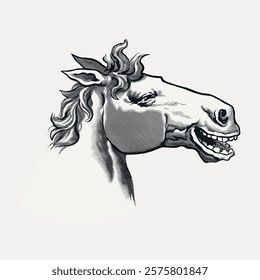 Illustration of a horse head with a playful expression. The horse head is detailed, showing its mane and open mouth. Artistic horse head drawing. Vintage art drawing, isolated vector element.