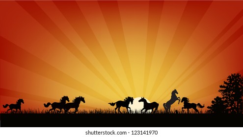 illustration with horse herd at red sunset