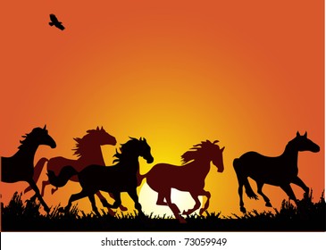 illustration with horse herd at red sunset