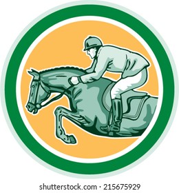 Illustration of a horse and jockey equestrian show jumping show jumping viewed from side set inside circle done in retro style.