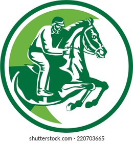 Illustration of a horse and jockey equestrian show jumping viewed from side set inside circle done in retro style.