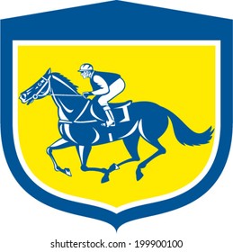 Illustration of horse and jockey racing viewed from side set inside shield crest shape on isolated background done in retro style.